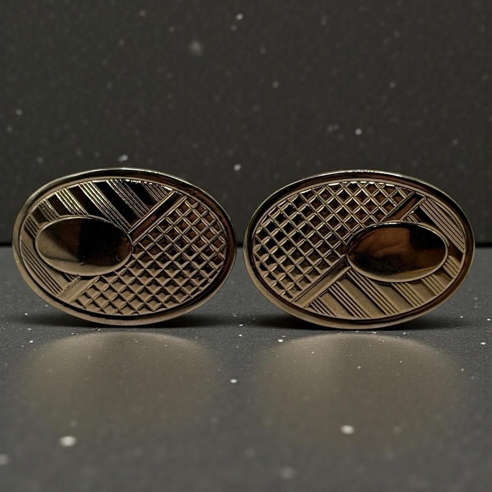 Vintage Hickok Cufflinks USA Gold Tone‎ MCM Oval Abstract Pattern Bullet Back